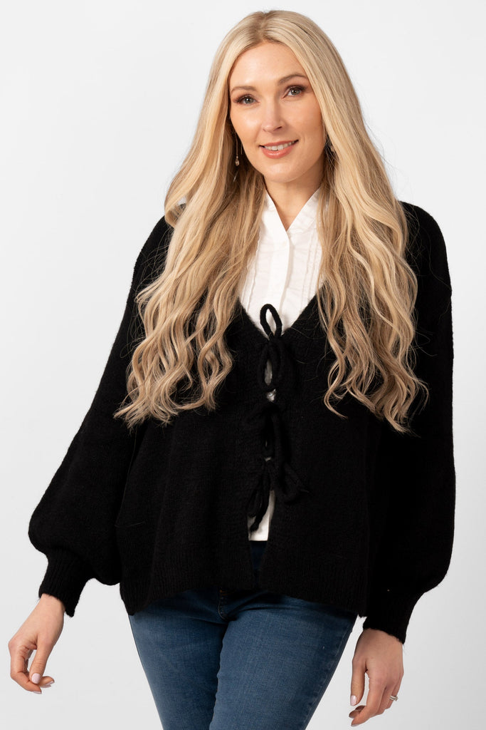 cassidy-tie-front-wool-blend-cardigan-black-front-view-shown-worn-by-a-model