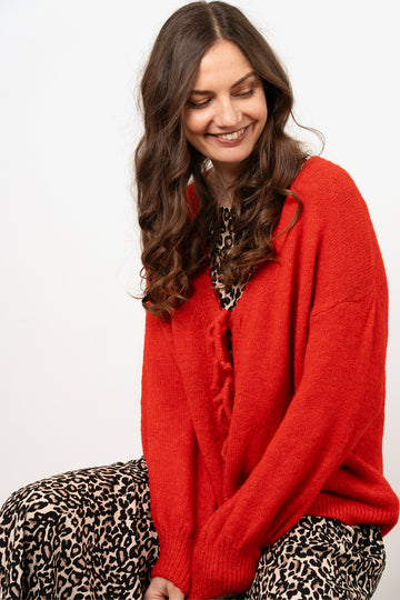 Cassidy-Tie-Front-Wool-Blend-Cardigan-Red-Styled-With-Leopard-Dress