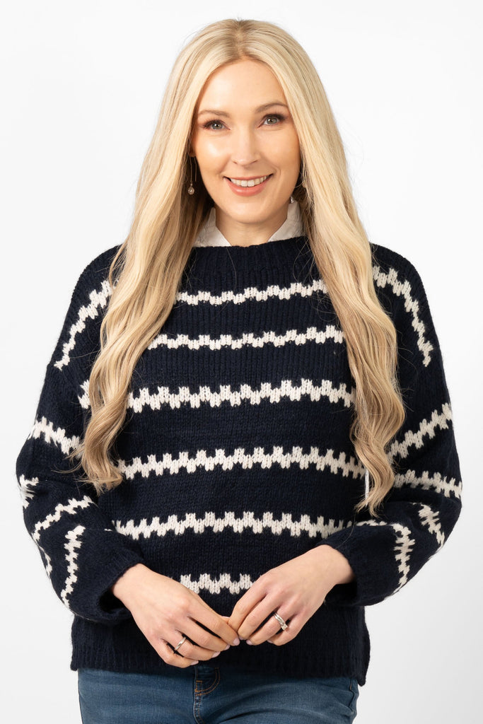 kennedy-wool-blend-jumper-navy-blue-cream-wavy-stripe-on-model-front-view