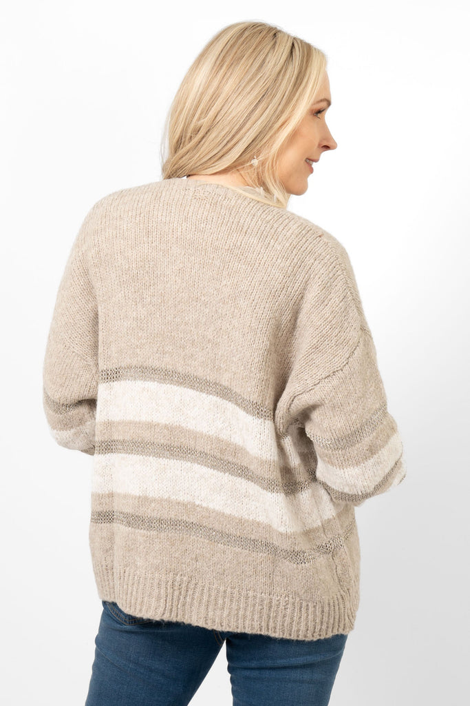 paris-wool-blend-cardigan-beige-cream-gold-striped-model-showing-read-view-the-stripe-pattern-is-also-on-the-back