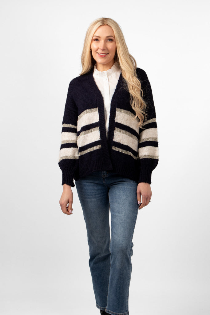 paris-wool-blend-striped-cardigan-navy-cream-gold-styled-with-blue-jeans-showing-full-front-view