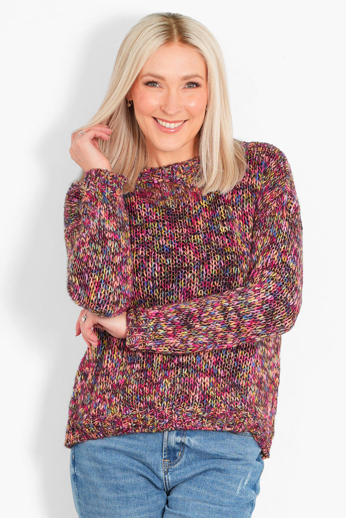 wyatt-wool-blend-jumper-berry-speckled-model-front-view