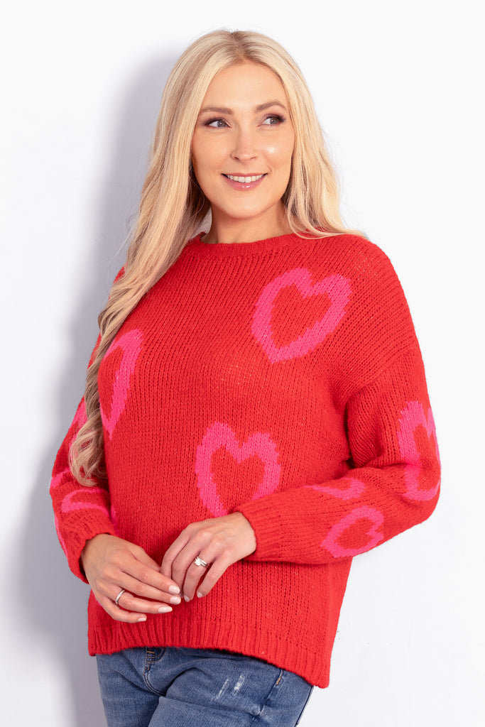 millie-wool-blend-jumper-red-fuchsia-love-hearts-model-side