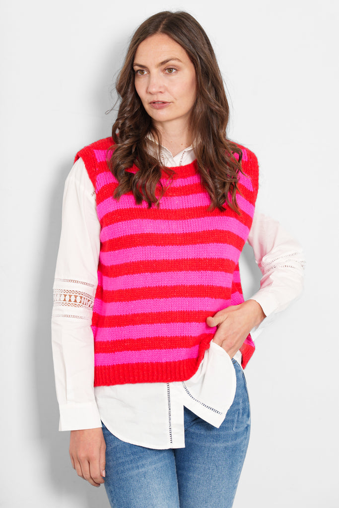 betsy-wool-blend-tank-top-red-fuchsia-striped-model-front-view