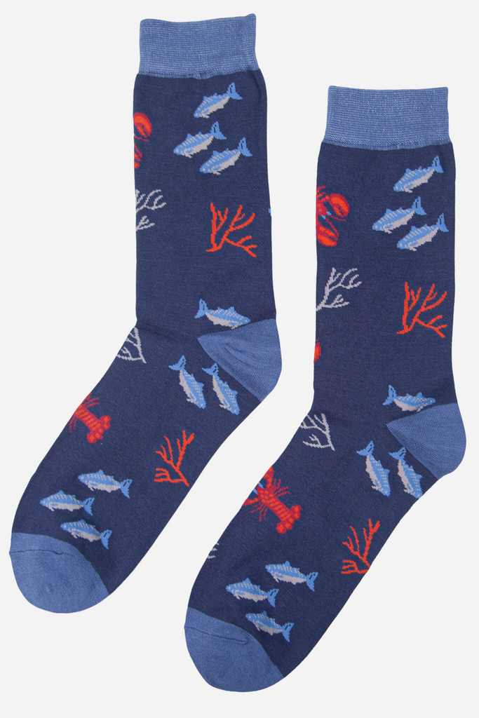 blue bamboo socks wiith fish and lobsters all over