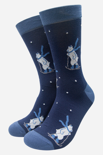 navy blue dress socks with cross country skiing polar bears