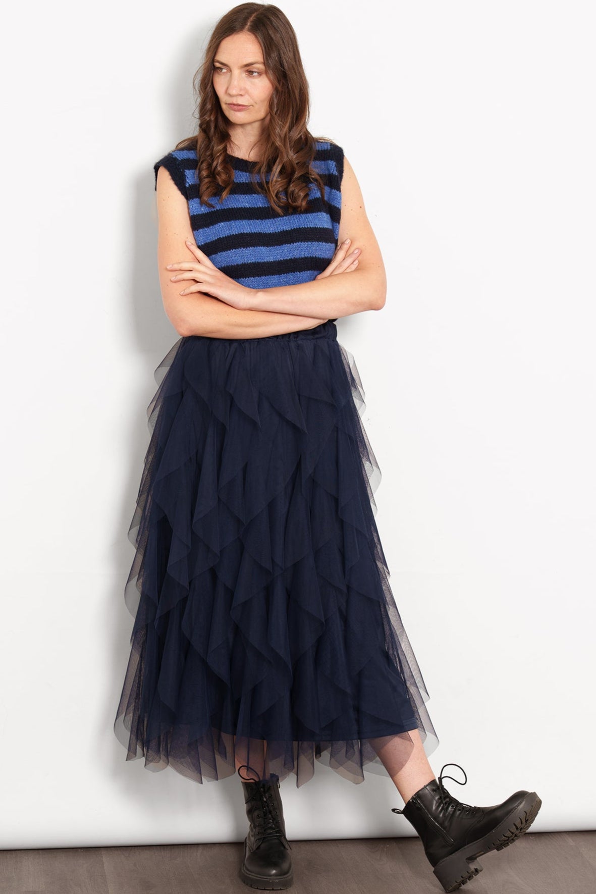 sartaandco – Layla Maxi Tulle Skirt- Navy Blue, Layered Frills