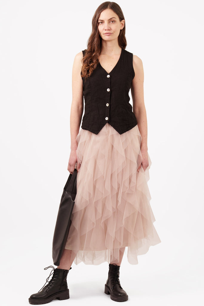 Layla-Maxi-Tulle-Skirt-With-Layered-Frills-Styled-With-Black-Linen-Waistcoat