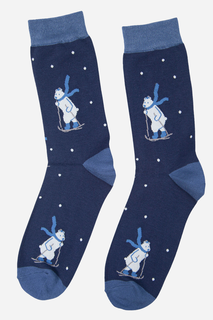 blue xmas polar bear socks, polar bears are on skis