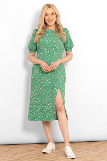 midi-puff-sleeve-tea-dress-green-stars-dots-model-front-view