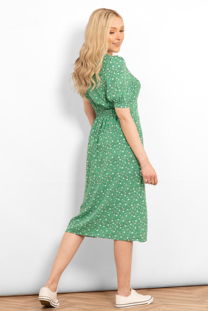 midi-puff-sleeve-tea-dress-green-stars-dots-shirred-waist-rear