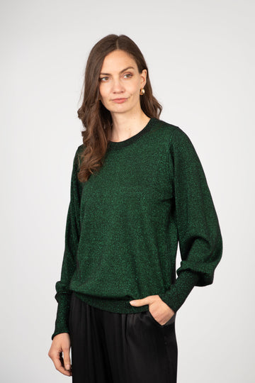 model wearing a long sleeve green sparkly jumper with an all over sparkle and a round neck