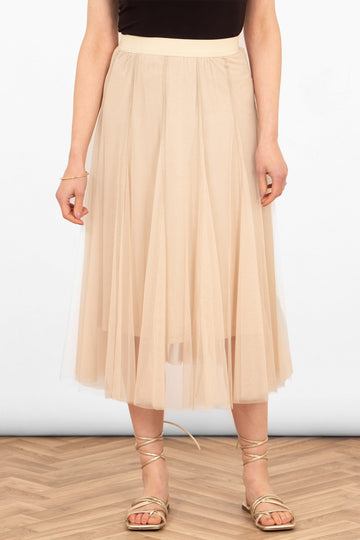 close up of the cream tulle midi skirt, showing the layered design, underskirt and elasticated waistband