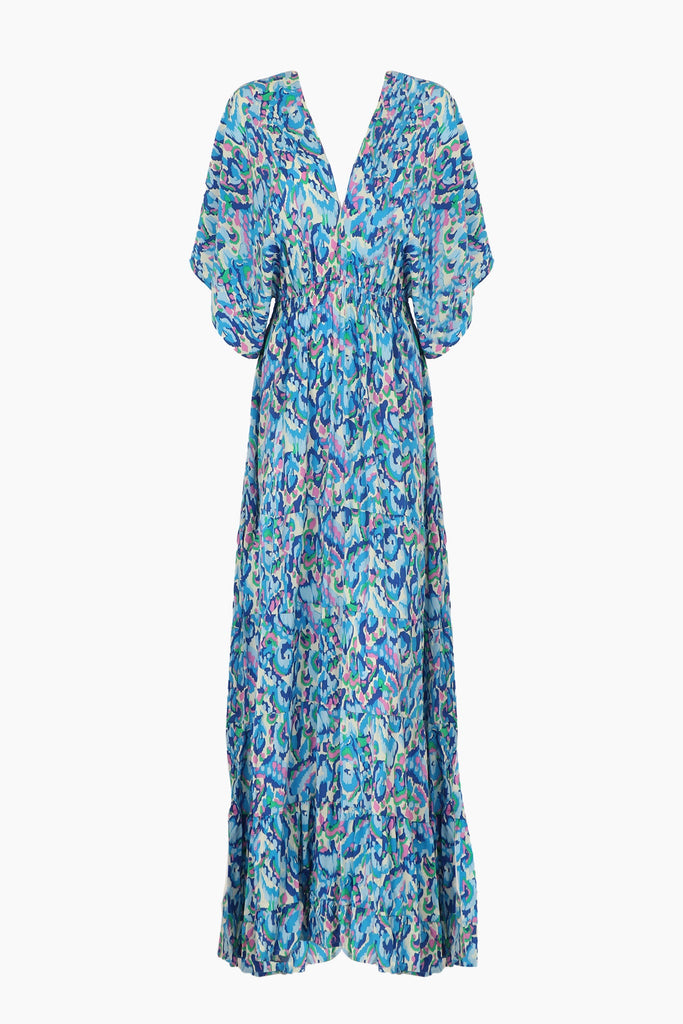 blue abstract print kaftan dress with v neck