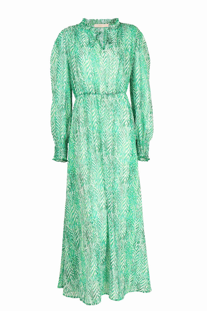 green chevron print long sleeve midi dress with shirred shoulders