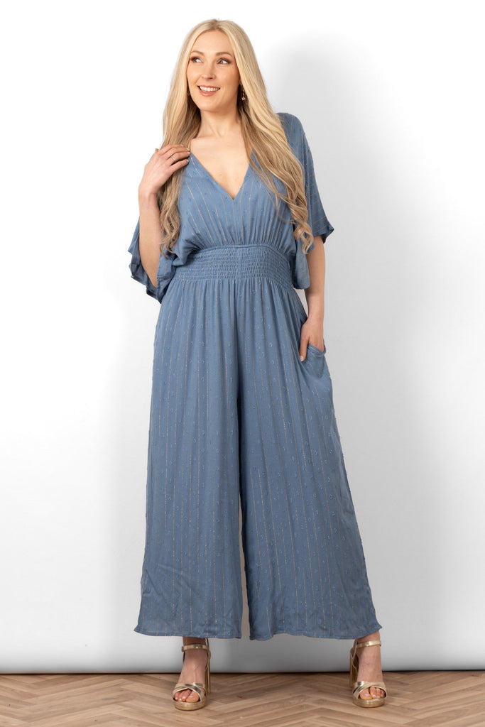 lyra-deep-v-neck-jumpsuit-denim-blue-metallic-stripe-front-view-side-pockets