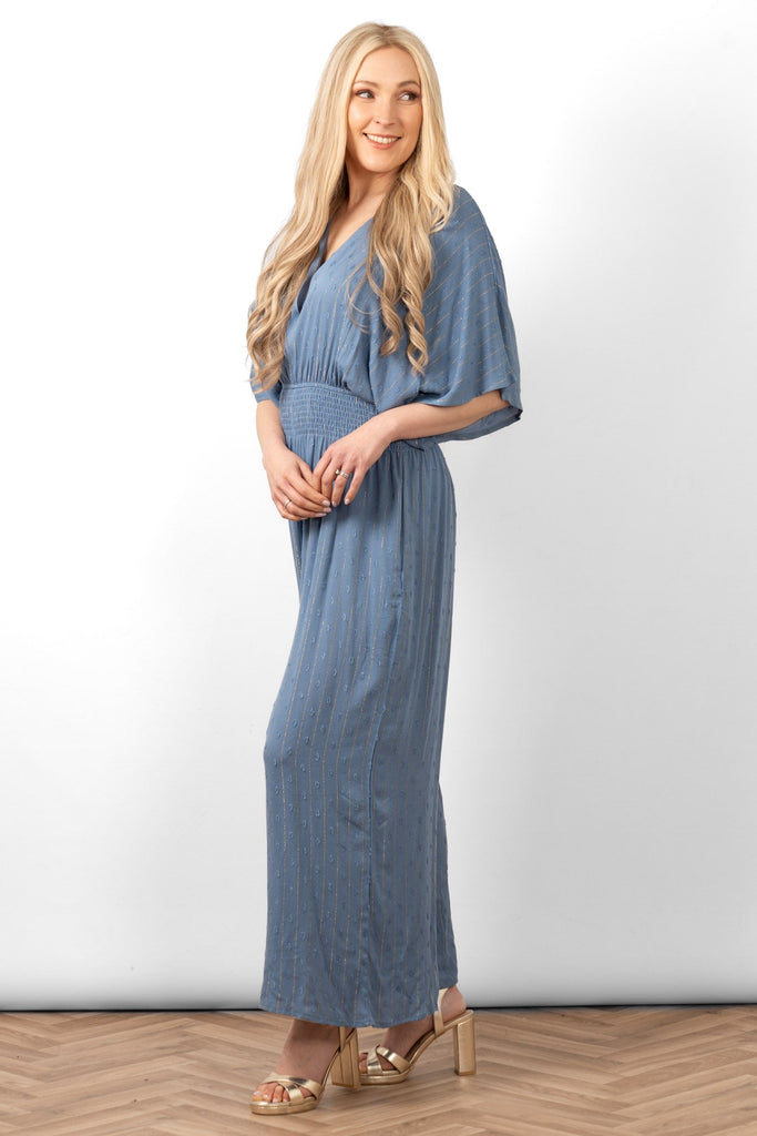 lyra-deep-v-neck-jumpsuit-denim-blue-metallic-stripe-side-view-wide-leg