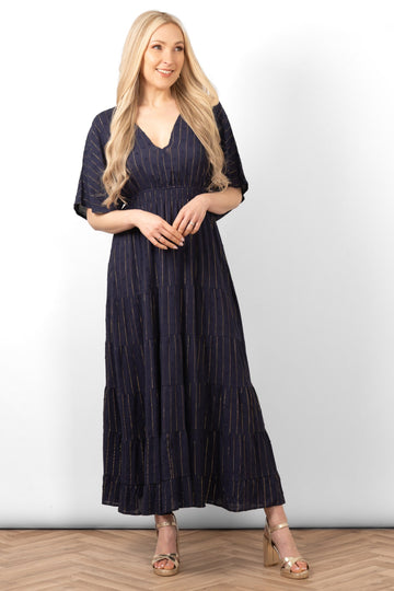 sienna-maxi-kaftan-dress-navy-blue-gold-metallic-stripe-front-view-on-model