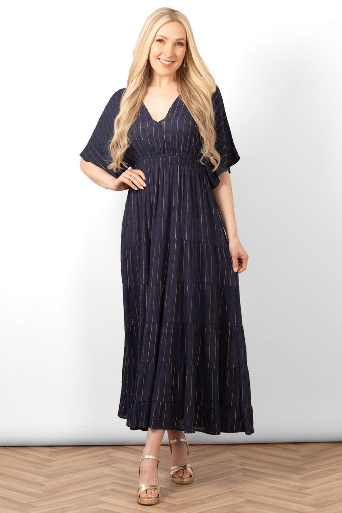 sienna-maxi-kaftan-dress-navy-blue-gold-metallic-stripe-loose-fitting