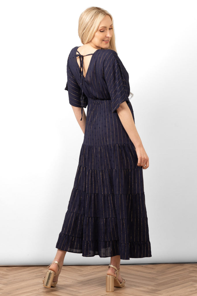 sienna-maxi-kaftan-dress-navy-blue-gold-metallic-stripe-rear-view-neck-tie