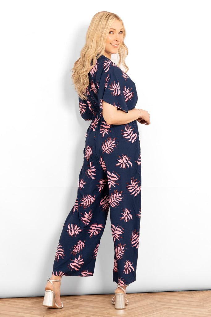 jilly-deep-v-jumpsuit-navy-blue-pink-palm-leaf-rear-view