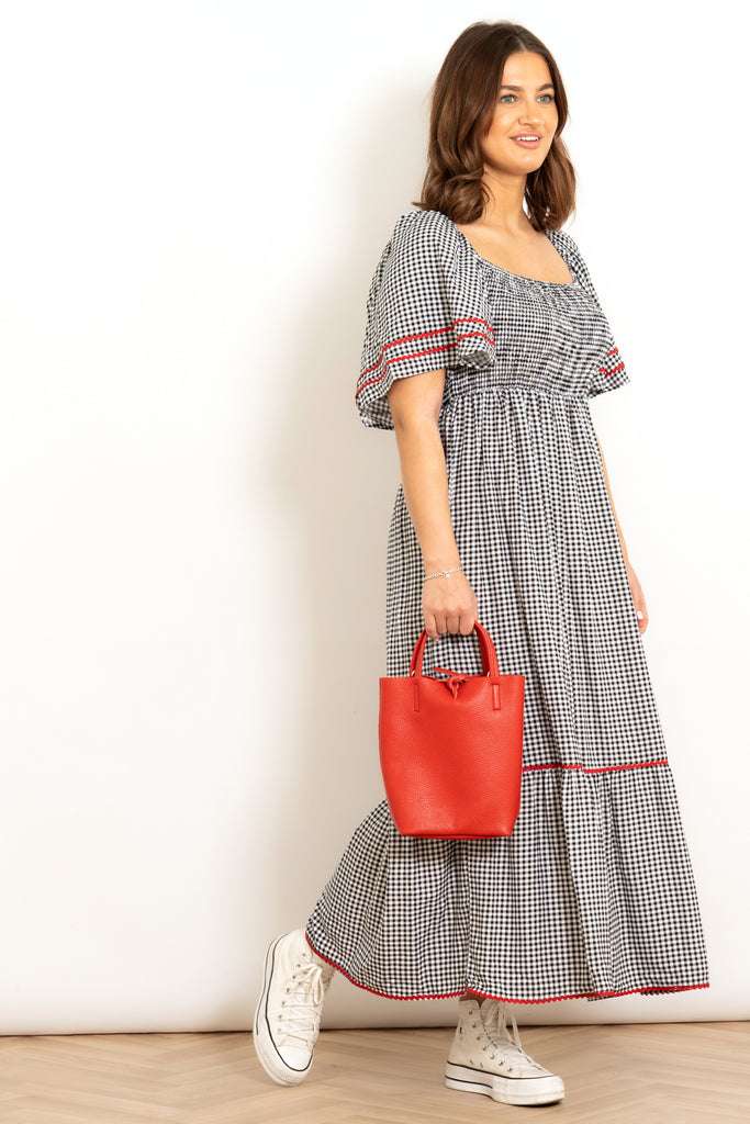 briar-milkmaid-maxi-dress-black-gingham-side-view-model