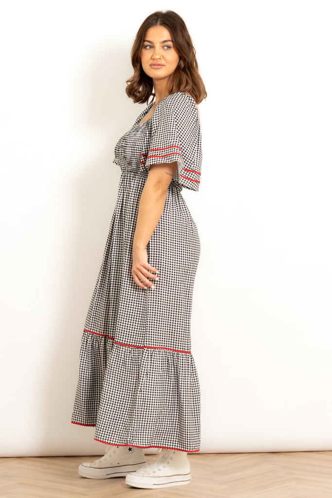briar-milkmaid-maxi-dress-black-gingham-model-side-view