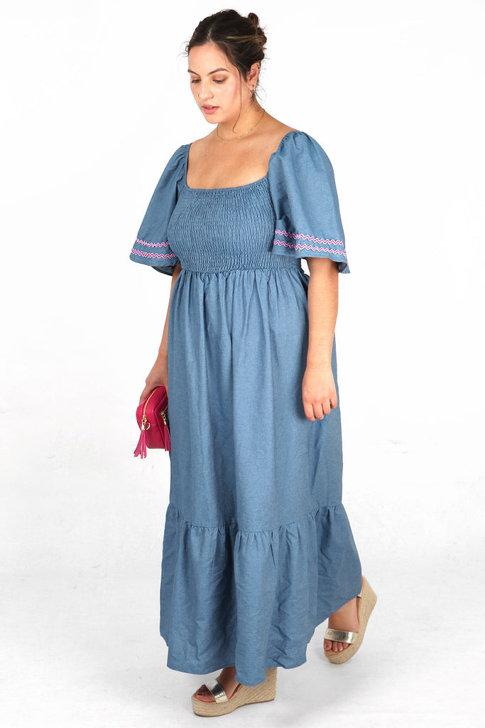 denim blue coloured cotton milkmaid dress with shirred bodice