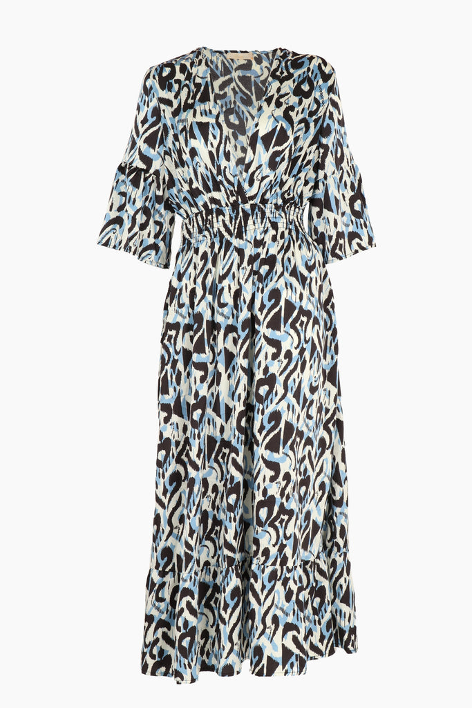 blue ikat maxi dress with shirred waist and v neck