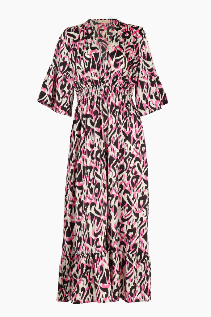 pink ikat pattern midi dress with fluted sleeves and a shirred waist