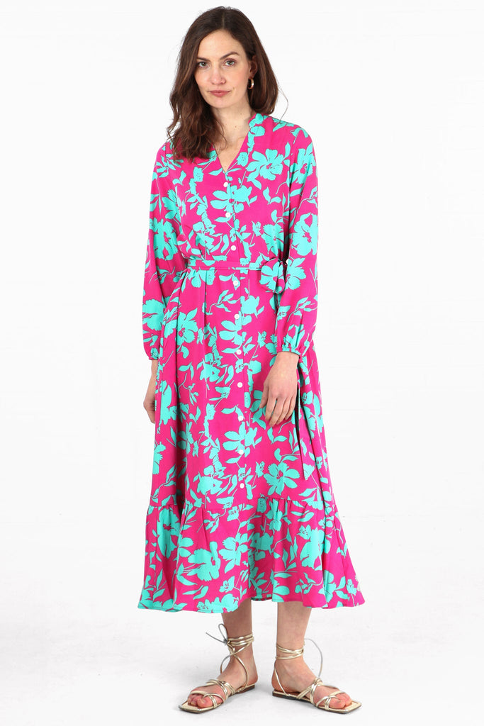 pink and turquoise tropical floral print long sleeved shirt dress with tiered hem and button down front