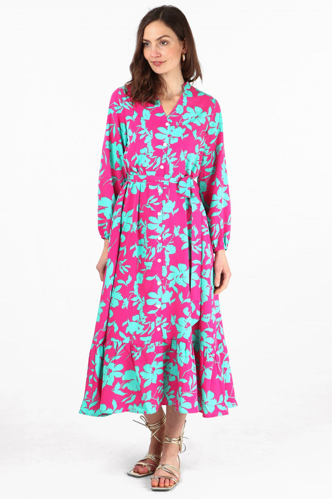 maxi tiered shirt dress with long sleeves and button down front with waist tie belt 
