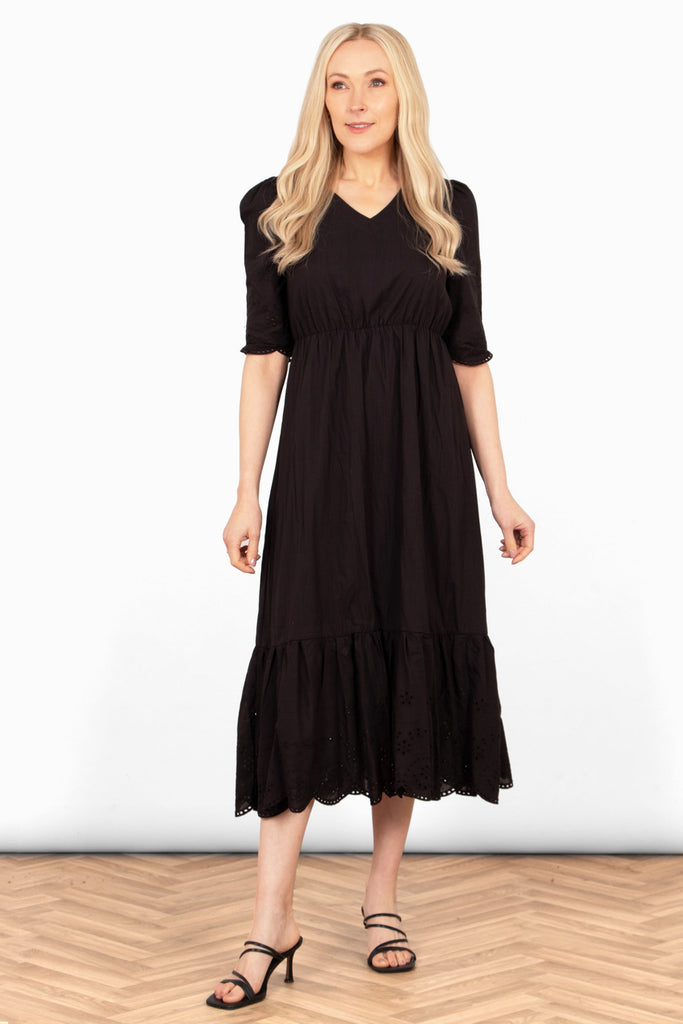 aurelia-cotton-fit-flare-midaxi-dress-black-broderie-anglaise-front-view-on-model-tiered