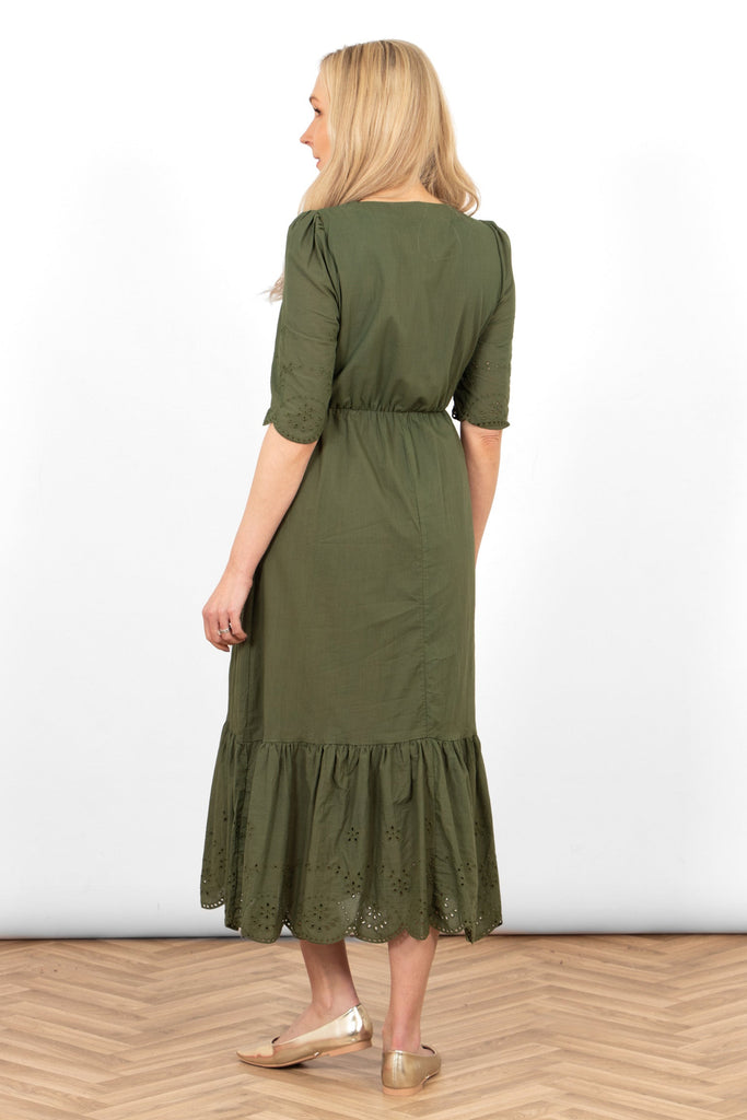 aurelia-cotton-fit-flare-midaxi-dress-khaki-broderie-anglaise-rear-view-elbow-length-sleeves
