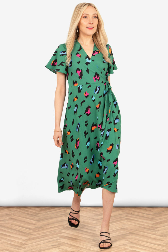 addie-short-sleeve-wrap-dress-green-multi-large-leopard-print-styled-with-black-sandals