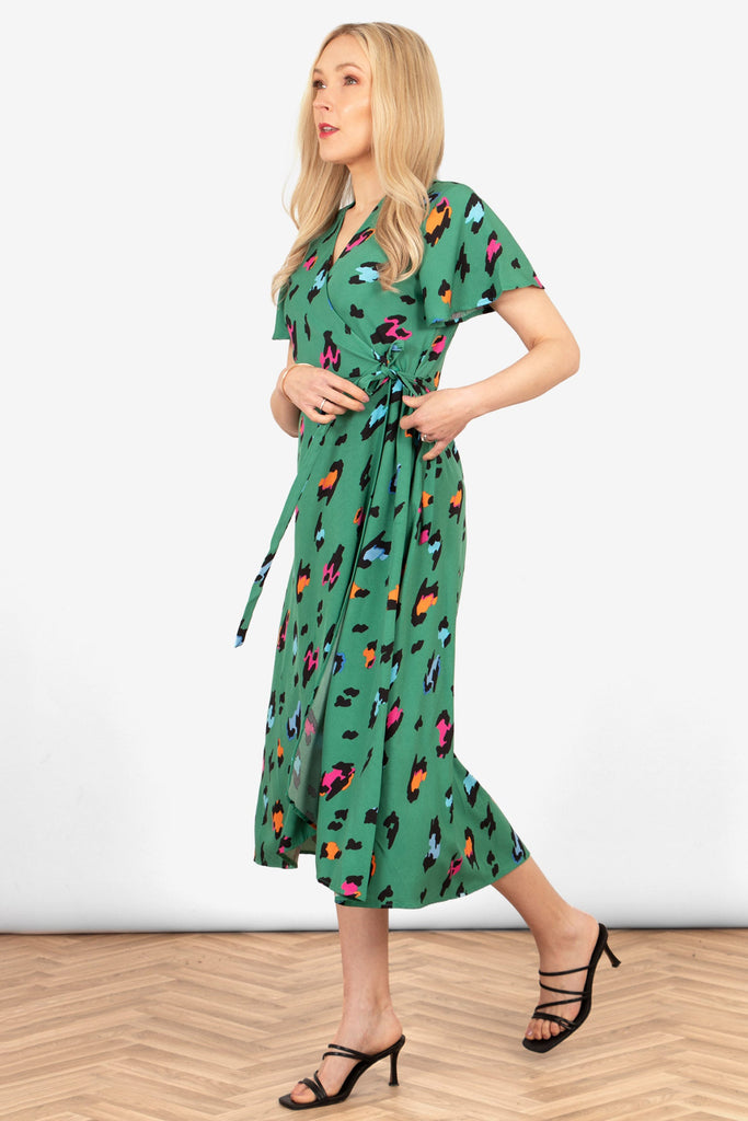 addie-short-sleeve-wrap-dress-green-multi-large-leopard-print-side-view-waist-tie-fastening