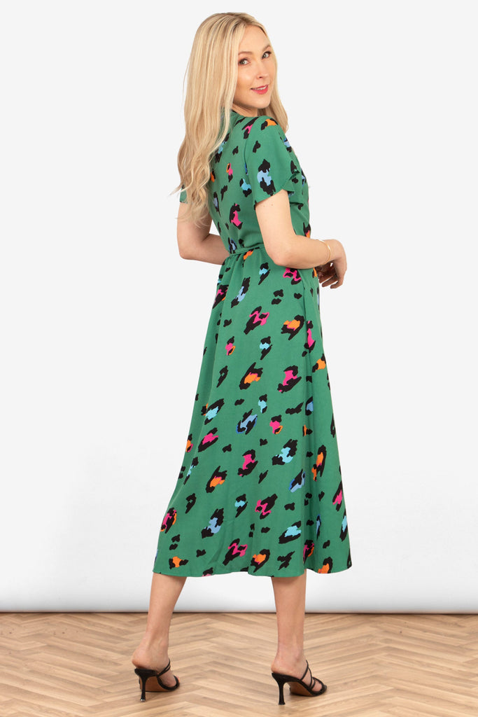 addie-short-sleeve-wrap-dress-green-multi-large-leopard-print-rear-view-bold-animal-pattern