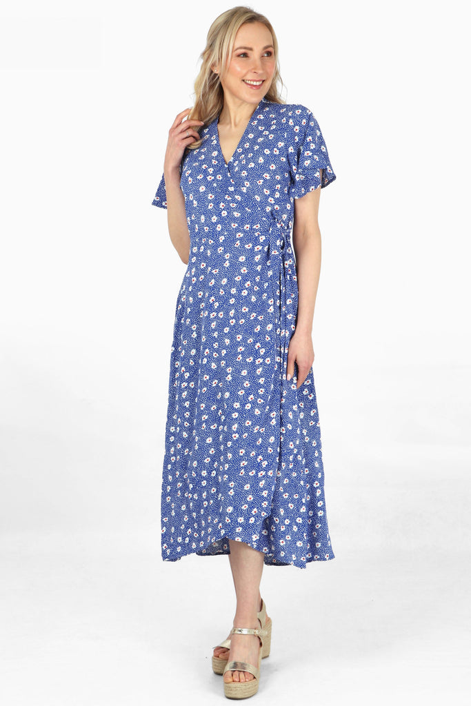 blue daisy print wrap dress with v neck and short sleeves