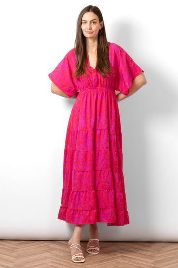 sienna-maxi-kaftan-dress-hot-pink-abstract-print-front-view-on-model