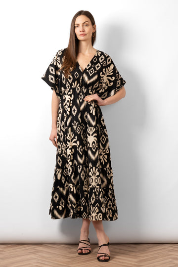 sienna-maxi-kaftan-dress-black-aztec-print-front-view-on-model