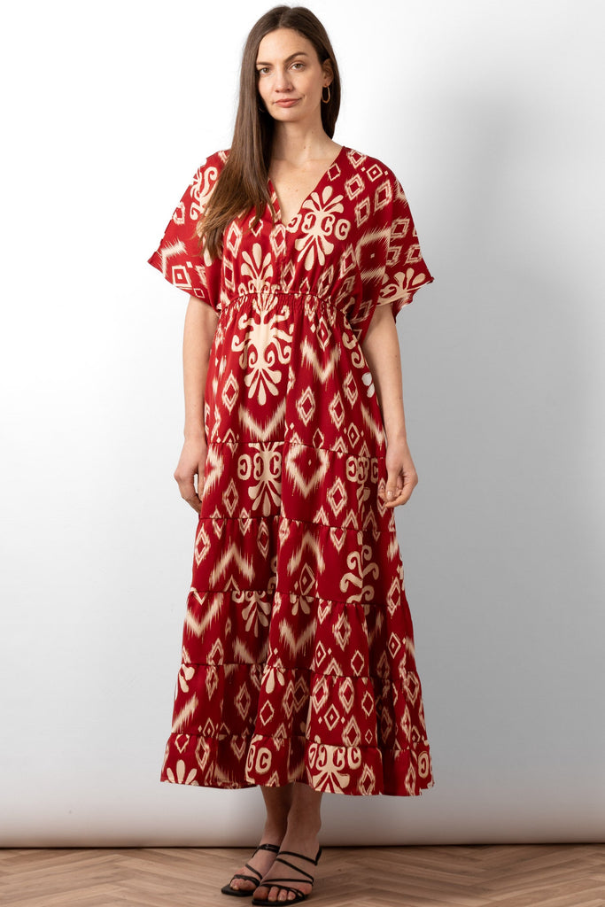 sienna-maxi-kaftan-dress-red-aztec-print-on-model-front