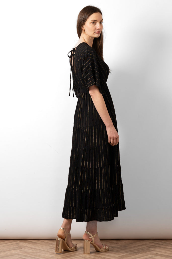 sienna-maxi-kaftan-dress-black-gold-metallic-stripe-rear-view-neck-tie-loose-sleeves