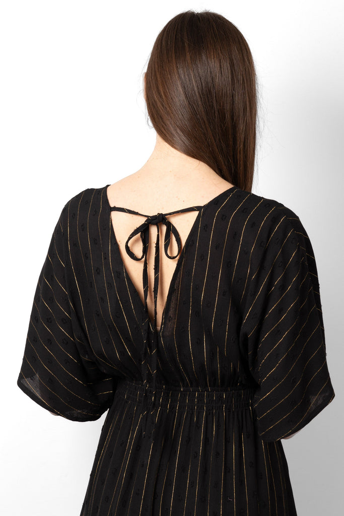 sienna-maxi-kaftan-dress-black-gold-metallic-stripe-open-back-tie-fastening-back-of-neck