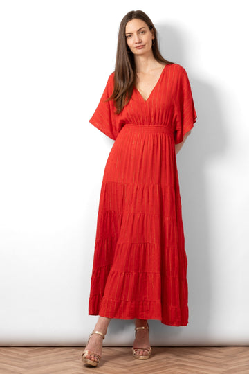 sienna-maxi-kaftan-dress-red-metallic-stripe-front-view-on-model