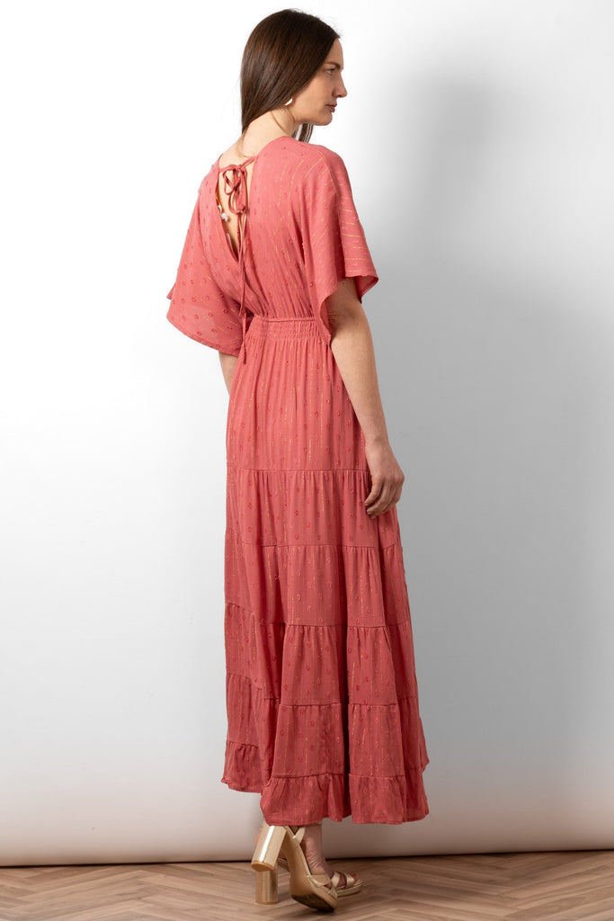 sienna-maxi-kaftan-dress-coral-gold-metallic-stripe-rear-neck-tie