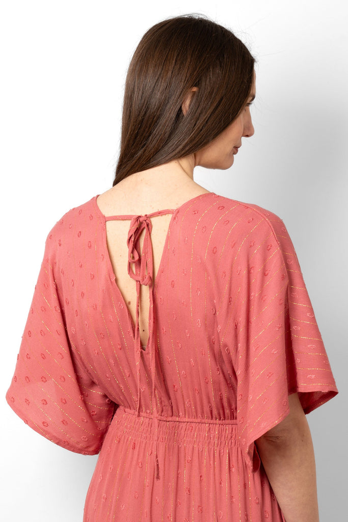 sienna-maxi-kaftan-dress-coral-gold-metallic-stripe-neck-tie