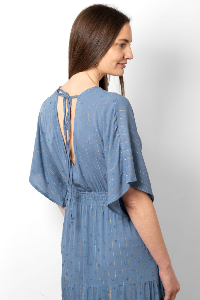 sienna-maxi-kaftan-dress-denim-blue-gold-metallic-stripe-rear-view-open-back-neck-tie