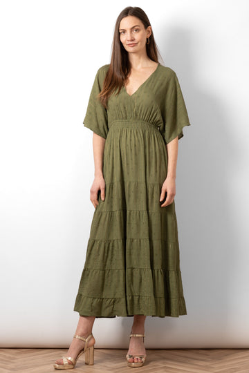 sienna-maxi-kaftan-dress-khaki-gold-metallic-stripe-front-view-styled-on-model-v-neck-loose-fitting