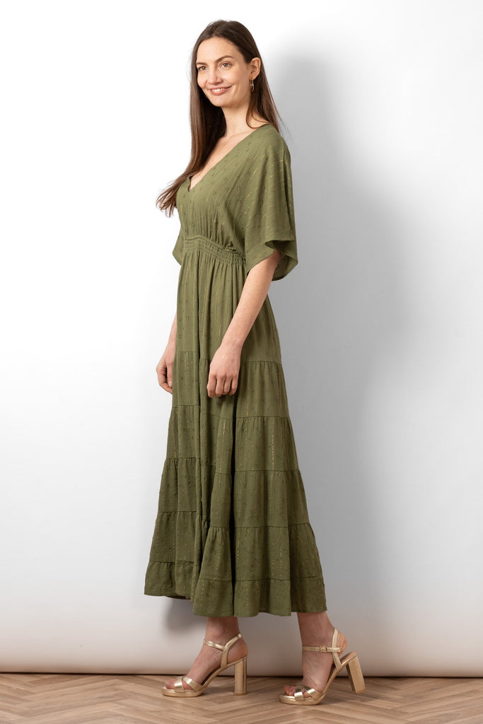 sienna-maxi-kaftan-dress-khaki-gold-metallic-stripe-side-view-tiered-hem-batwing-sleeves