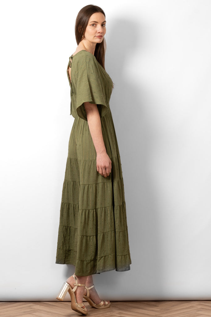 sienna-maxi-kaftan-dress-khaki-gold-metallic-stripe-rear-neck-tie-loose-fit